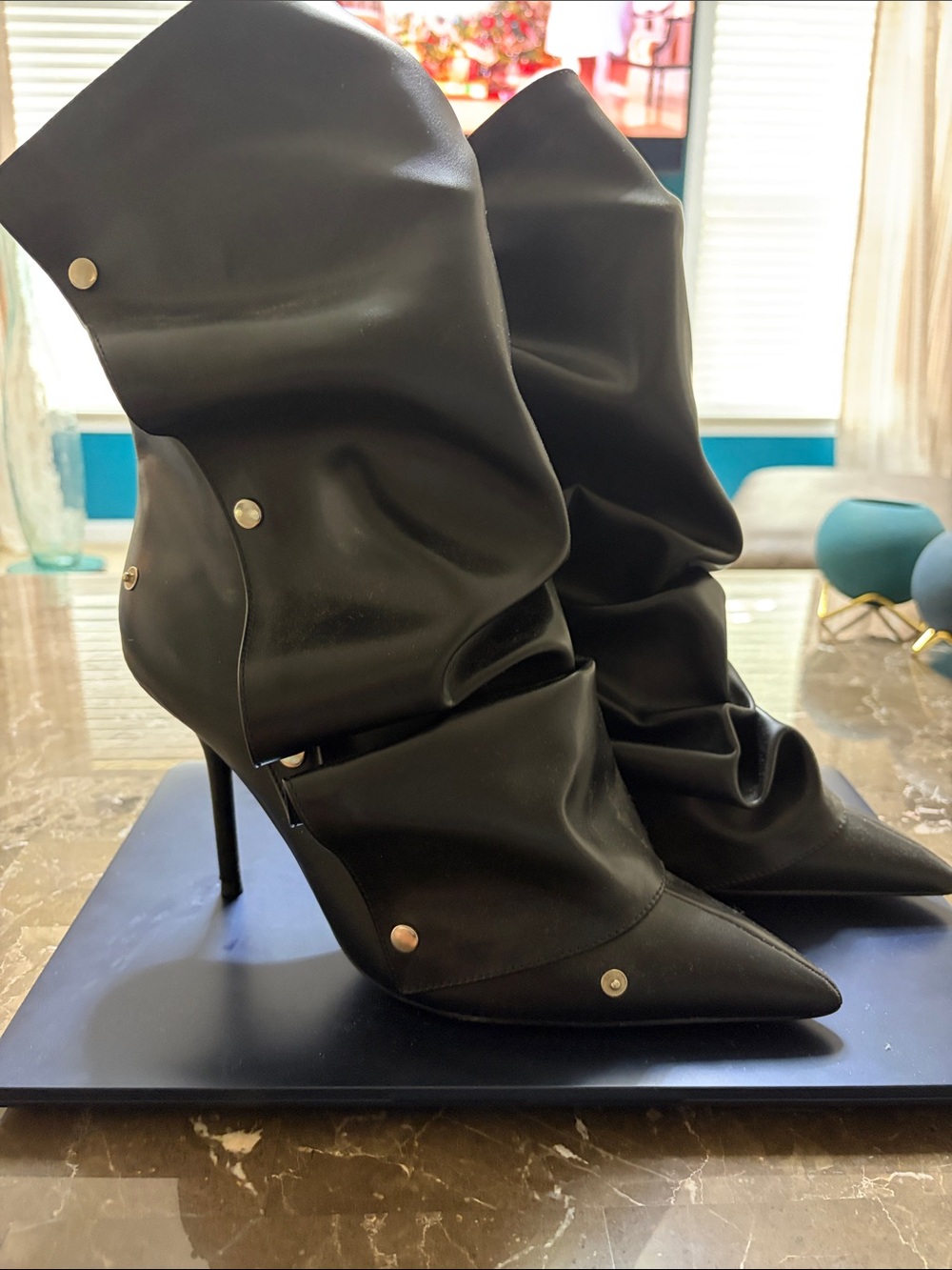 Fashion Nova Black Slouchy Pointed-Toe Stiletto Boots with Stud Accents